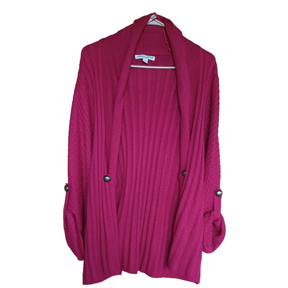 CAROLYN TAYLOR Red Open Mixed Knit Cardigan Womens 1X Long Sweater Holiday Color - Picture 2 of 7